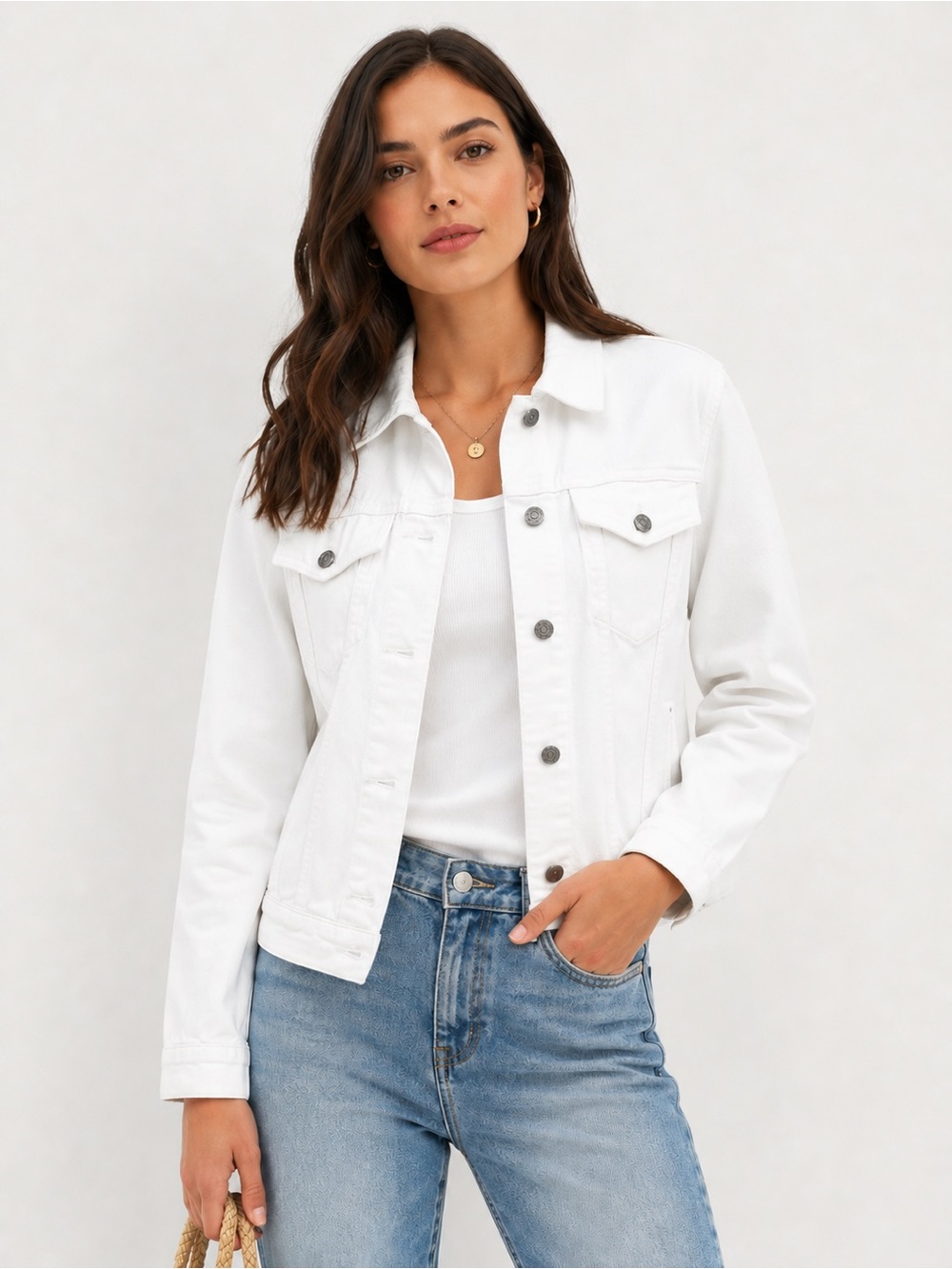 GAP Denim Optic White Trucker Jacket  L Tall Classic Button Front Jean Jacket